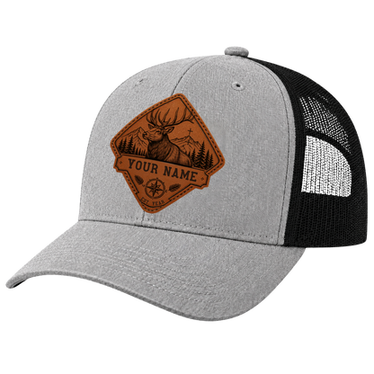 Personalized Elk Hunter Leather Patch Trucker Hat | Custom Christian Hunting Hat