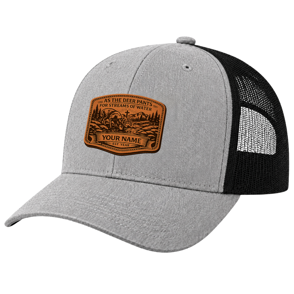 Personalized Psalm 42 Deer Leather Patch Trucker Hat – Christian Hunting Cap
