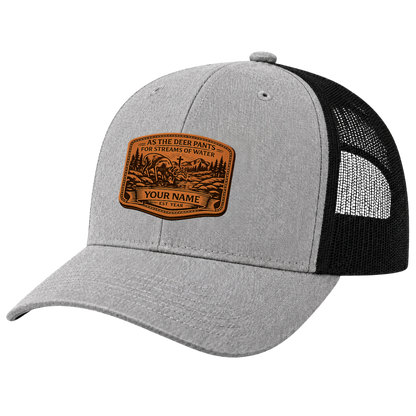 Personalized Psalm 42 Deer Leather Patch Trucker Hat – Christian Hunting Cap
