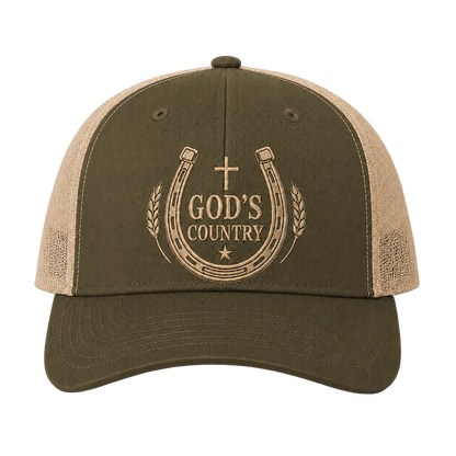 God’s Country Horseshoe Cross Embroidered Trucker Hat