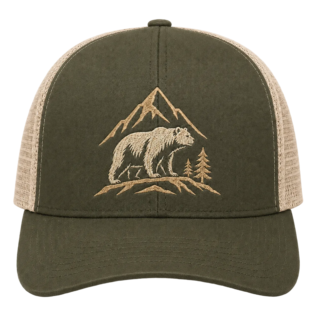 Alpine Guardian Bear Embroidered Trucker Hat – Forest Mountain Cap