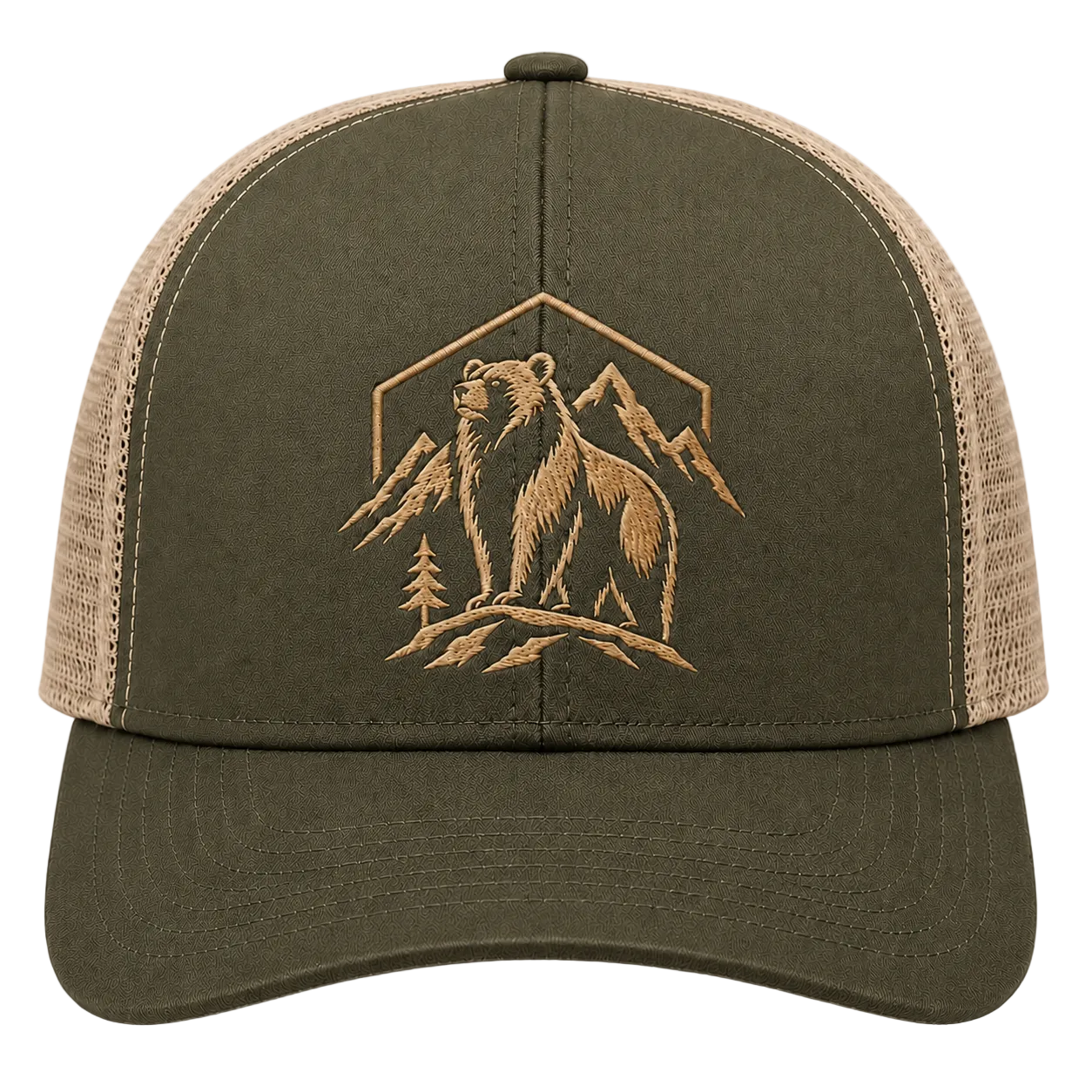 Summit Sentinel Bear Embroidered Trucker Hat – Mountain Badge Cap