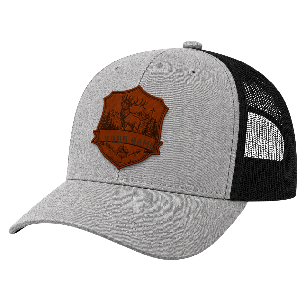 Personalized Deer Hunting Leather Patch Trucker Hat | Custom Christian Hunter Mountain Badge Cap