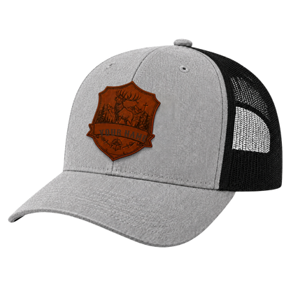 Personalized Deer Hunting Leather Patch Trucker Hat | Custom Christian Hunter Mountain Badge Cap