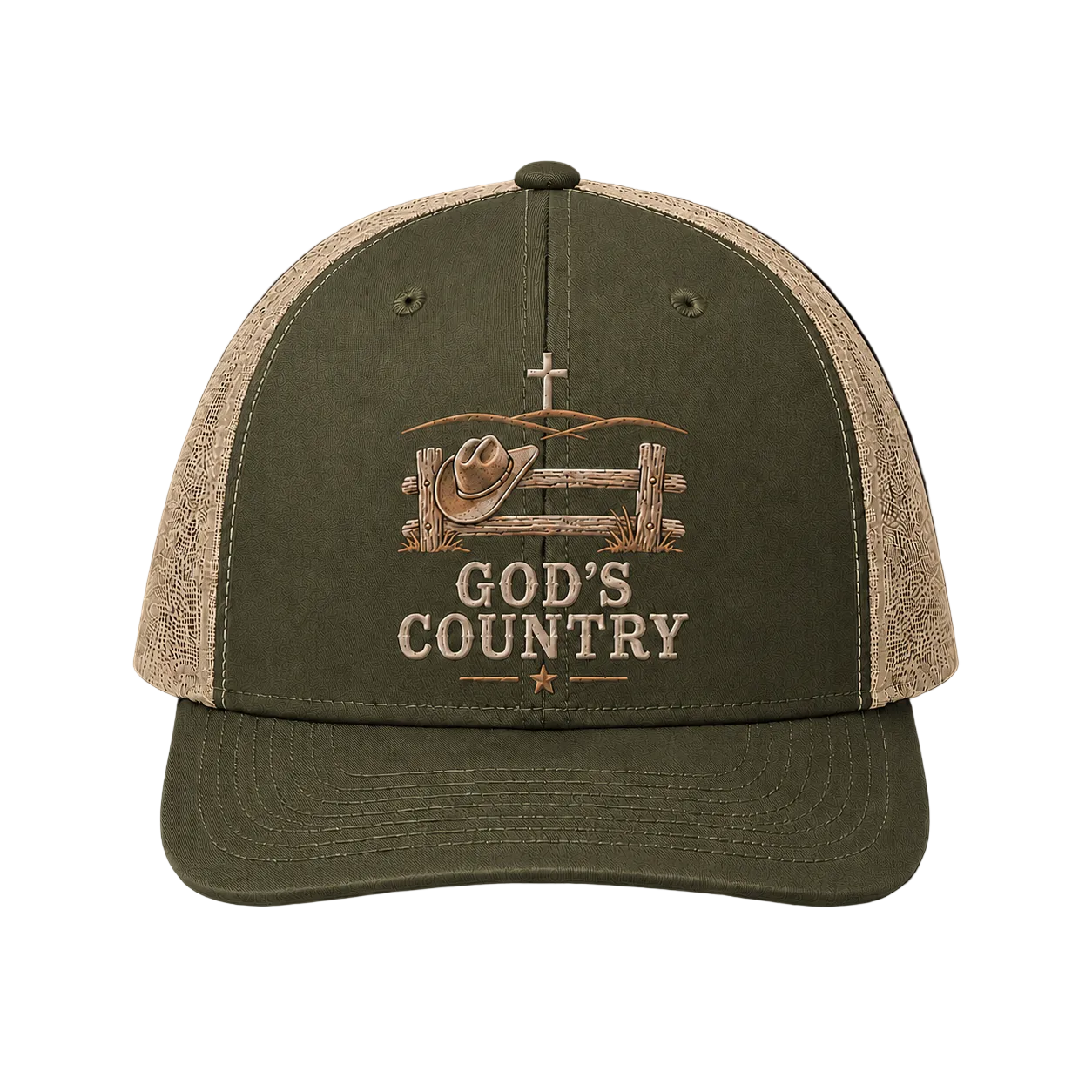 God’s Country Cowboy Hat & Cross Embroidered Trucker Hat