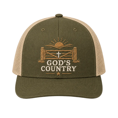 God’s Country Sunrise Gate Embroidered Trucker Hat