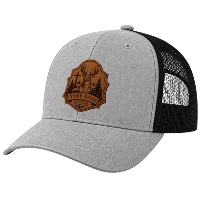 Personalized Christian Deer Mountain Leather Patch Trucker Hat