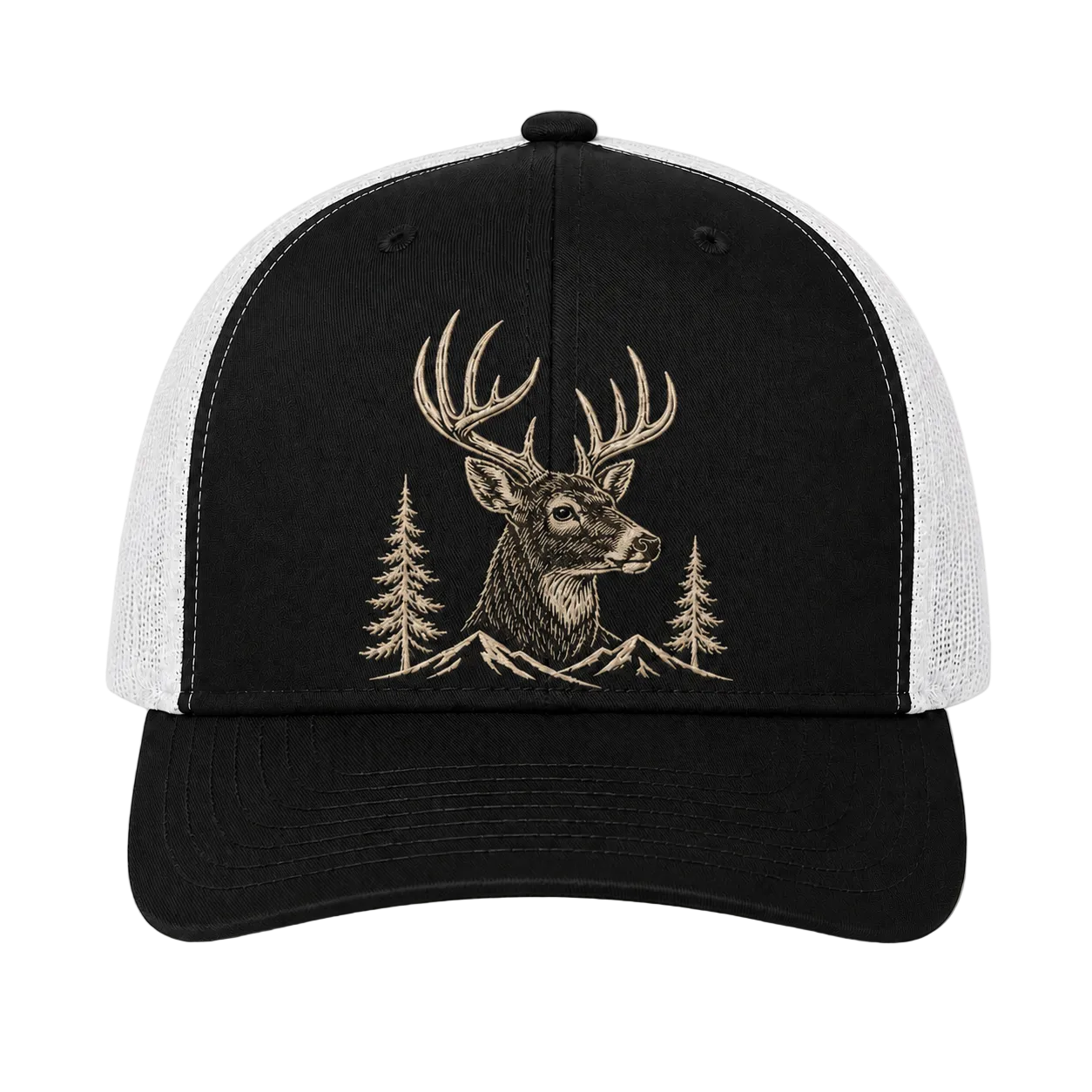Whitetail Buck Mountain Embroidered Trucker Hat – Brown Hunting Cap