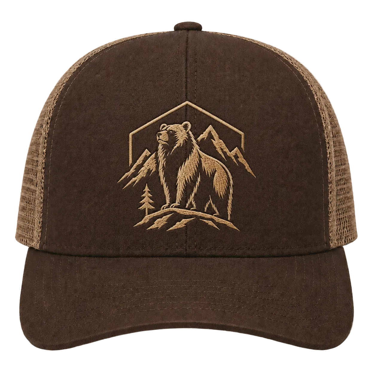 Summit Sentinel Bear Embroidered Trucker Hat – Mountain Badge Cap