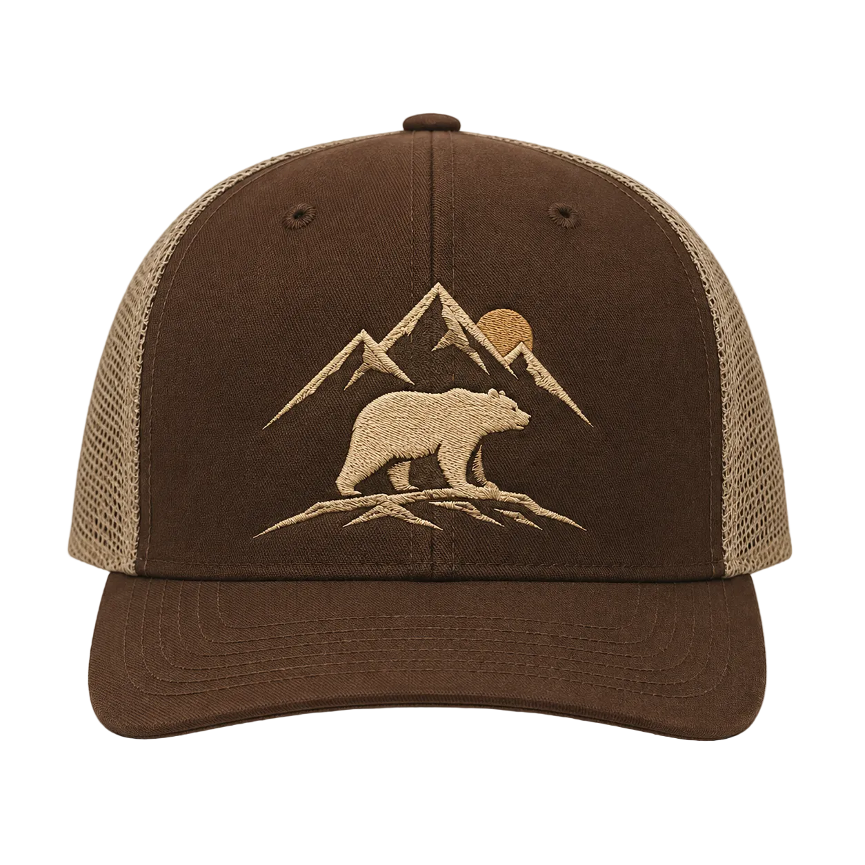 Suncrest Ridge Bear Embroidered Trucker Hat – Mountain Sunset Outdoor Cap