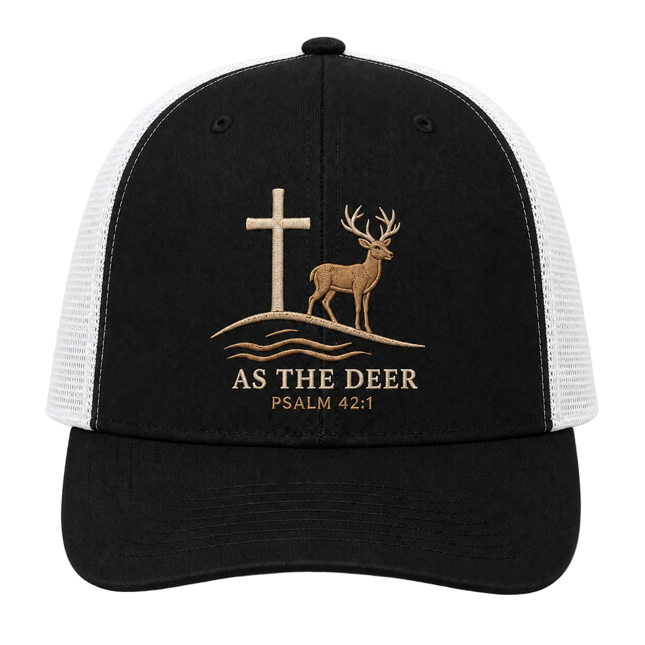 Psalm 42:1 Deer and Cross Embroidered Trucker Hat – Christian Cap