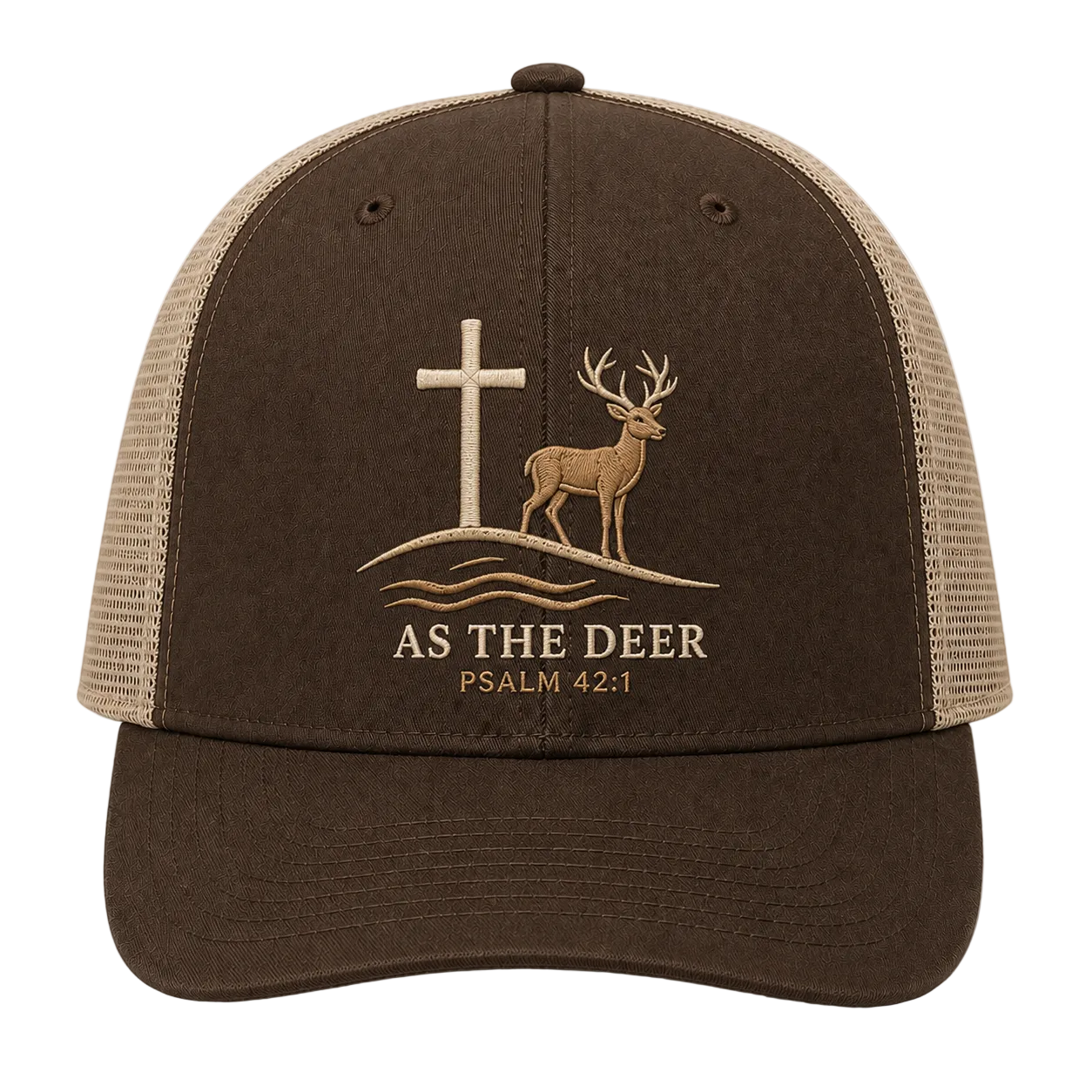 Psalm 42:1 Deer and Cross Embroidered Trucker Hat – Christian Cap
