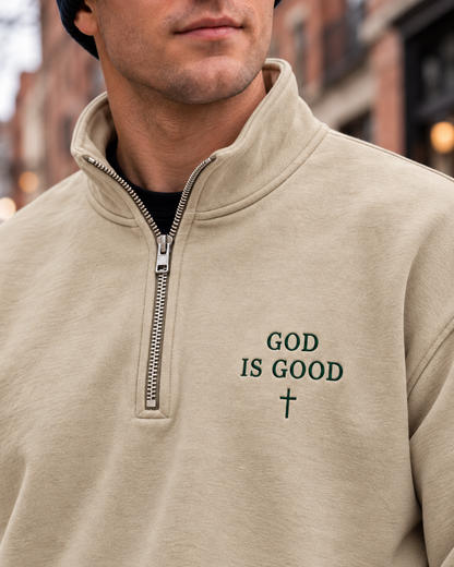 God Is Good Embroidered Quarter-Zip Sweatshirt – Christian Pullover